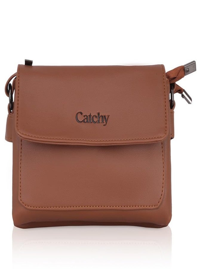 Catchy Distinctive Design Brown Faux Leather Magnet Closure Womens Sling Bag - Image 1
